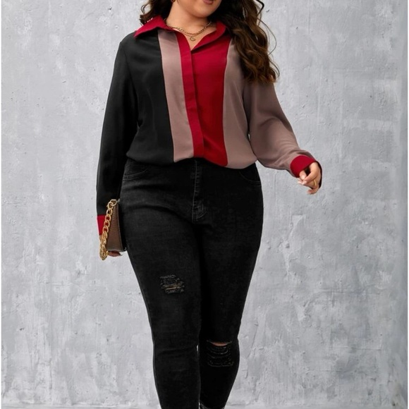 Plus Size Color Block Button Down Top Shirt - Picture 5 of 5